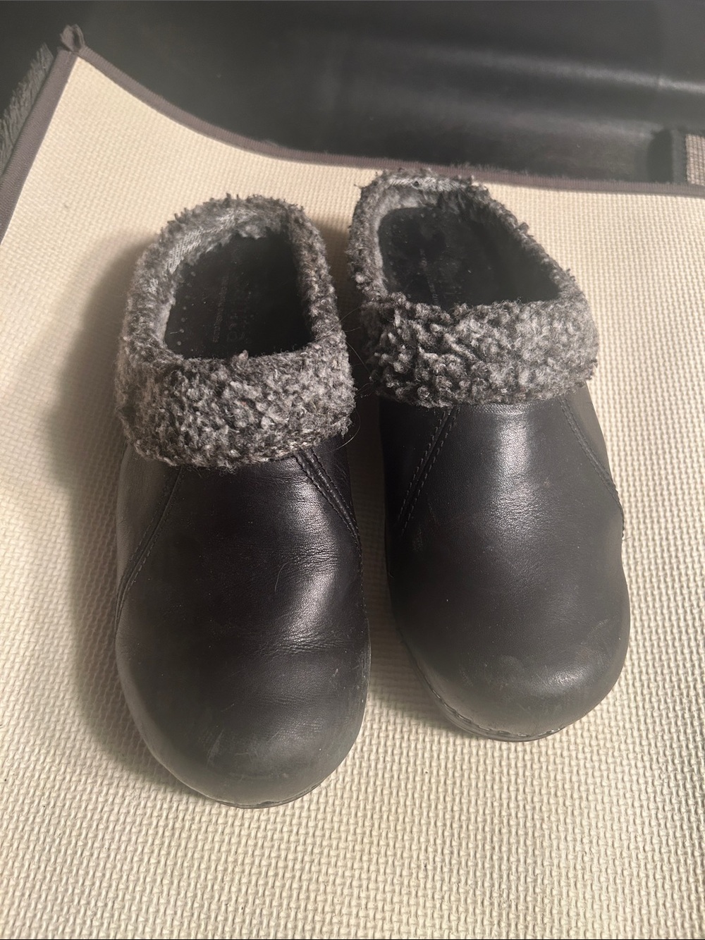 Sanita Black Leather Mules with Gray Faux-Shearling Collar